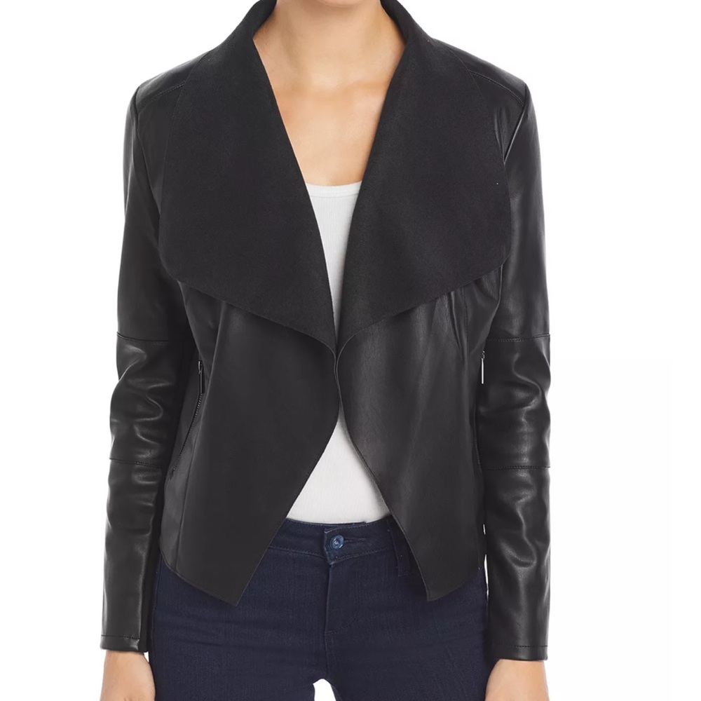 Bagetelle Collection Faux Leather, Draped Lapels,  Side Zip Pockets Size XS NWT